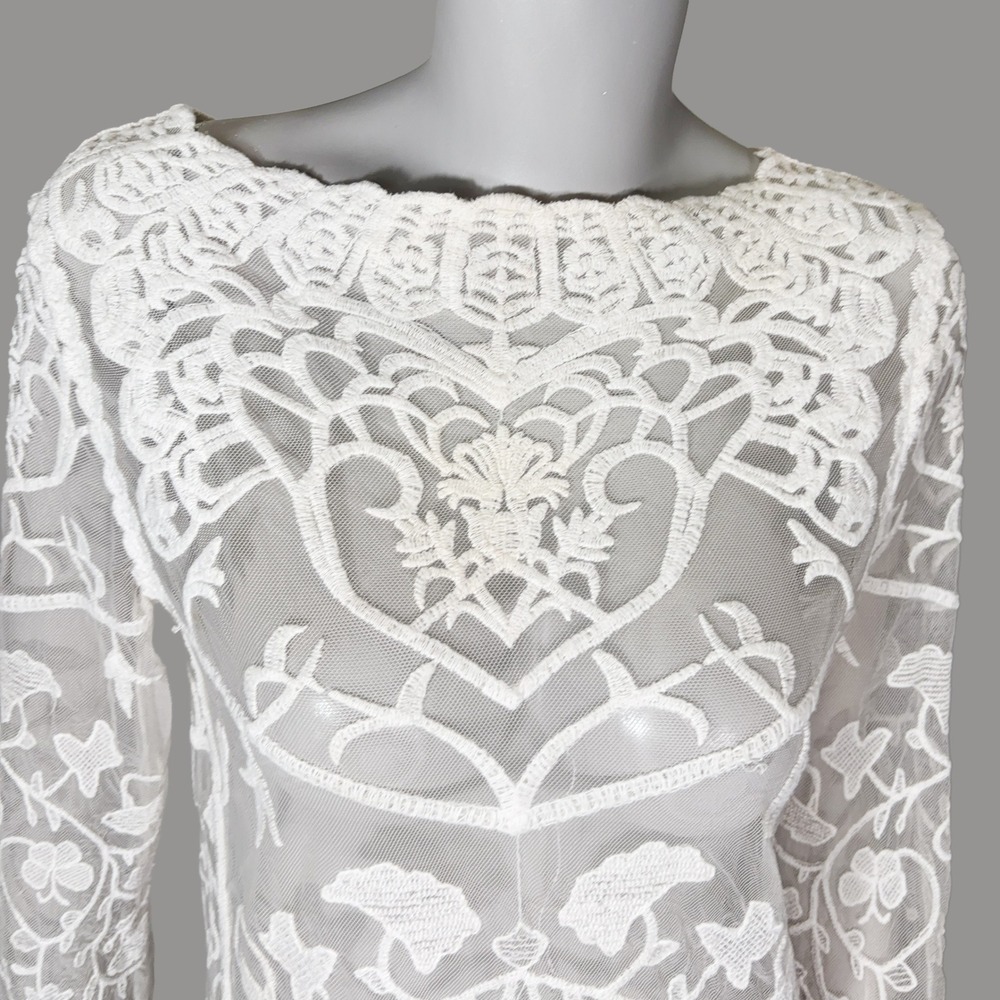 Breeze Ever Sheer Mesh Floral Embroidered Boho Top Womens S White Long Sleeve